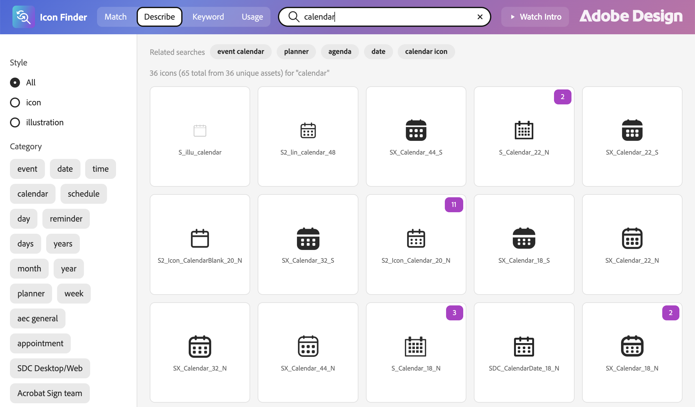 A search box reading calendar, with a row of suggestion chips offering different directions: schedule, planner, date picker, agenda.