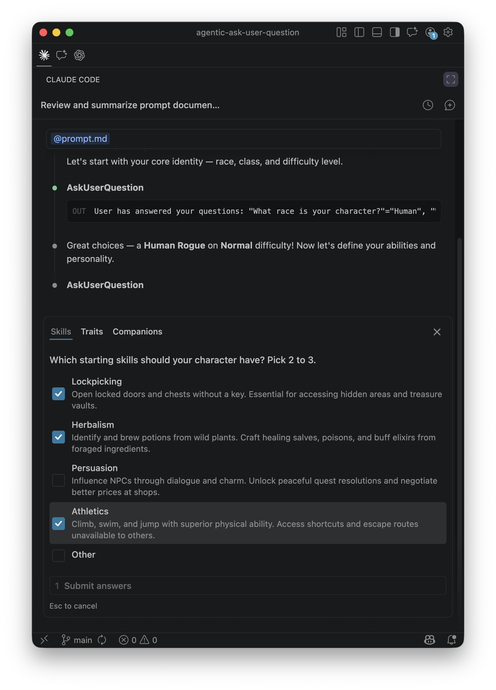 Claude Code AskUserQuestion multi-selection UI showing skill checkboxes with multiple selections