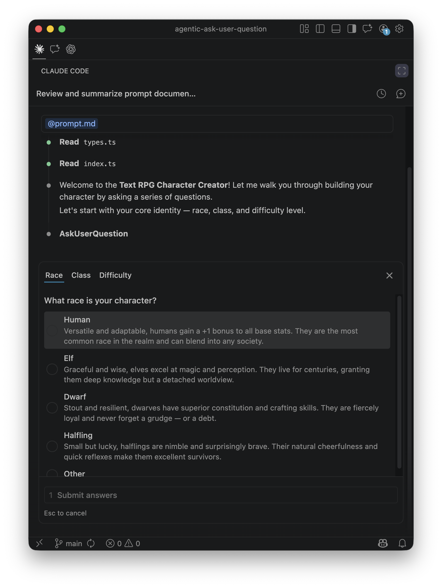 Claude Code AskUserQuestion single-selection UI showing character race options with tabbed navigation
